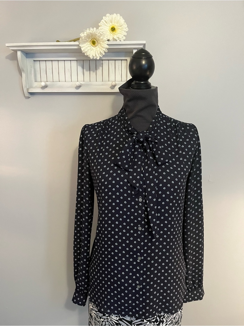 J. Crew Navy tie neck Blouse with White Dot Print EUC